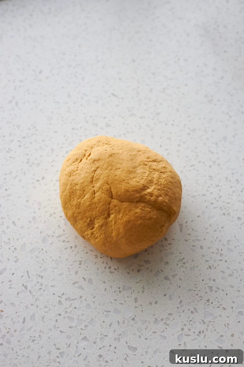 Kneaded dough on a work surface.