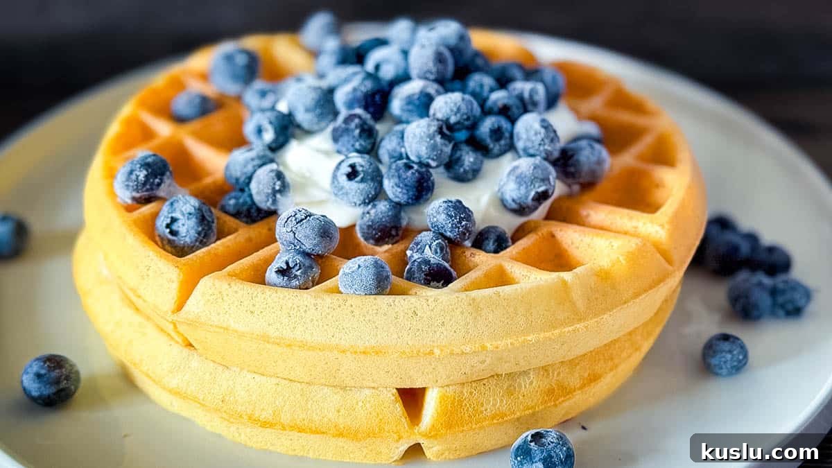 Sourdough Discard Recipes You’ll Want to Make Again and Again 3 Two sourdough Belgian waffles stacked on a white plate, topped with Greek yogurt and blueberries.