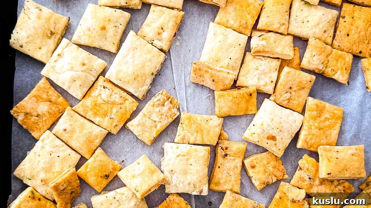 Sourdough Discard Recipes You’ll Want to Make Again and Again 7 Crispy golden brown discard crackers cooling on a baking sheet.