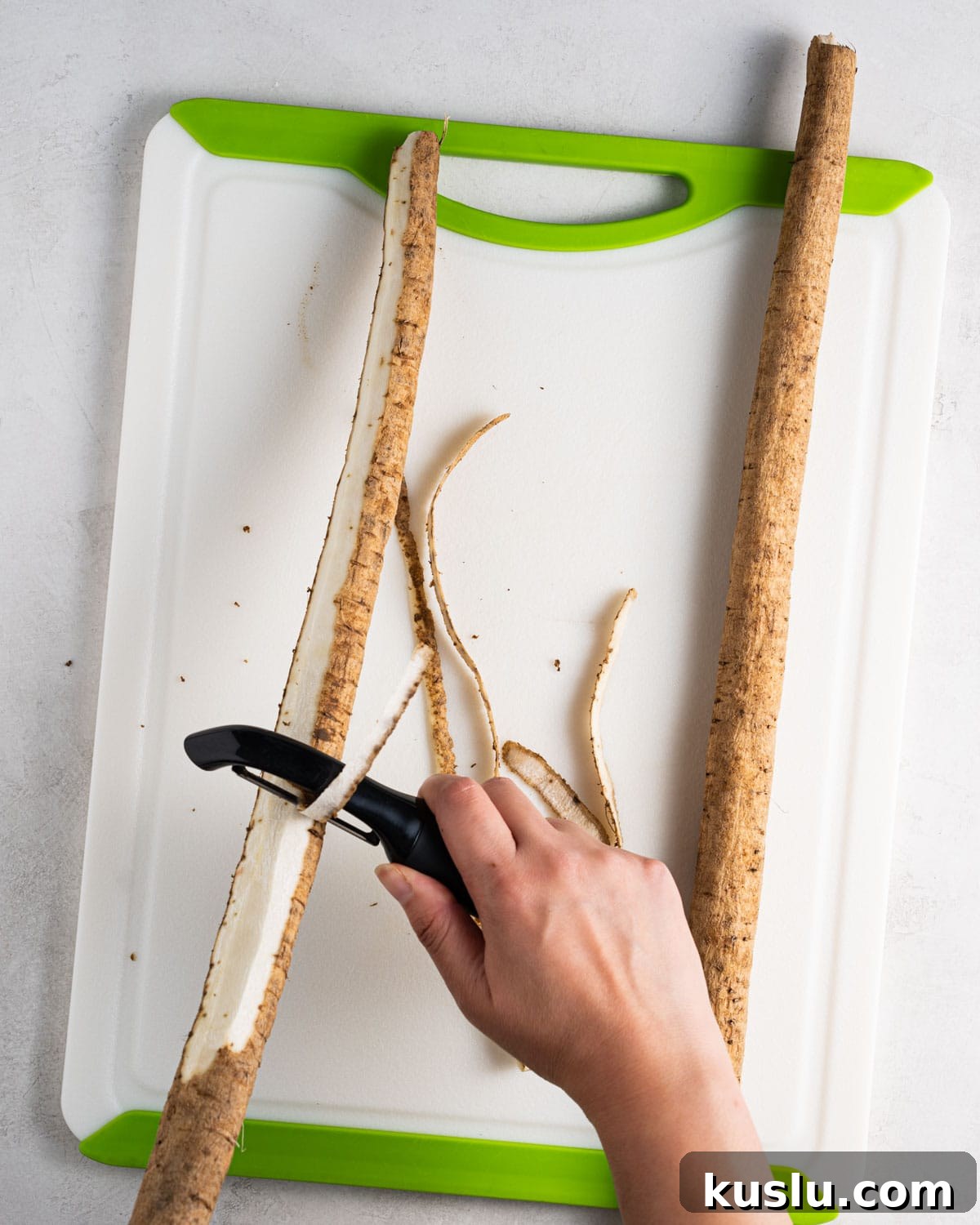 Peeler peeling the skin off burdock root.
