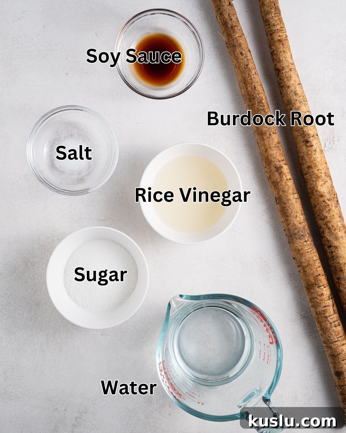 Ingredient to make yamagobo: burdock root, rice vinegar, water, sugar, salt and soy sauce.