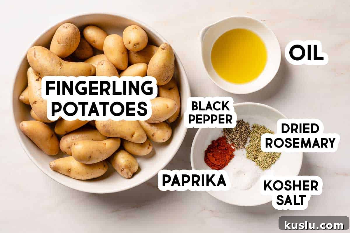 Crispy Air Fryer Fingerling Potatoes Recipe 3 recipe ingredients with text labels