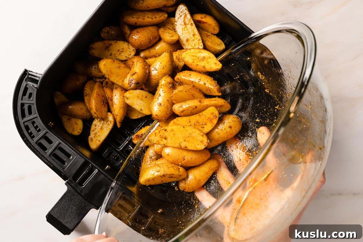 Crispy Air Fryer Fingerling Potatoes Recipe 9 seasoned fingerling potatoes being added to air fryer basket