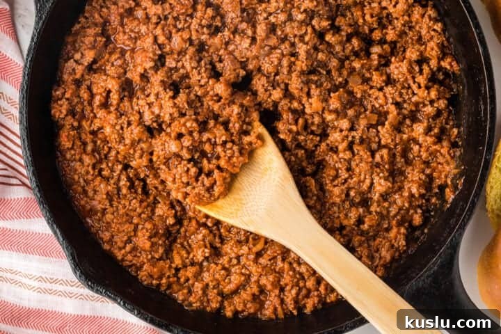Simple Weeknight Dinner Recipes for Busy Families 19 top-down view of the Sloppy Joes in the skillet.