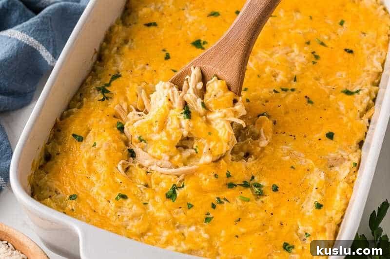 Simple Weeknight Dinner Recipes for Busy Families 3 Chicken and Rice Casserole being served with a wooden spoon.