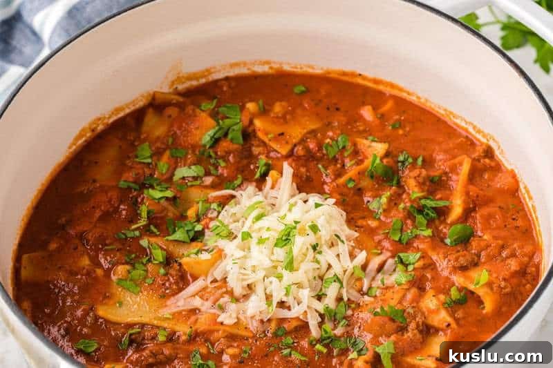 Simple Weeknight Dinner Recipes for Busy Families 25 closeup of the Lasagna Soup in a large pot.