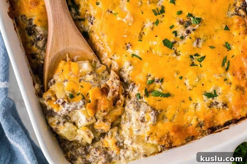 Simple Weeknight Dinner Recipes for Busy Families 6 closeup of the Hamburger Hashbrown Casserole.