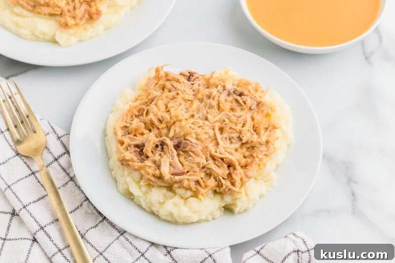 Simple Weeknight Dinner Recipes for Busy Families 9 Slow Cooker Chicken and Gravy served on a white plate.
