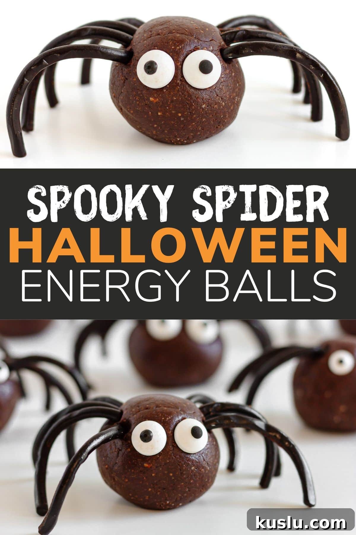 Photo collage graphic with photos of spider energy balls and text overlay that reads 'Spooky Spider Halloween Energy Balls'.