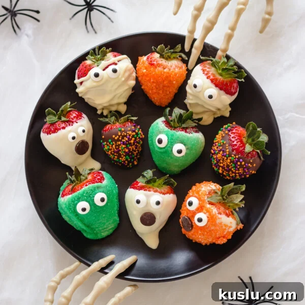 A variety of different Halloween strawberries on a black plate with two skeleton hands reaching in.
