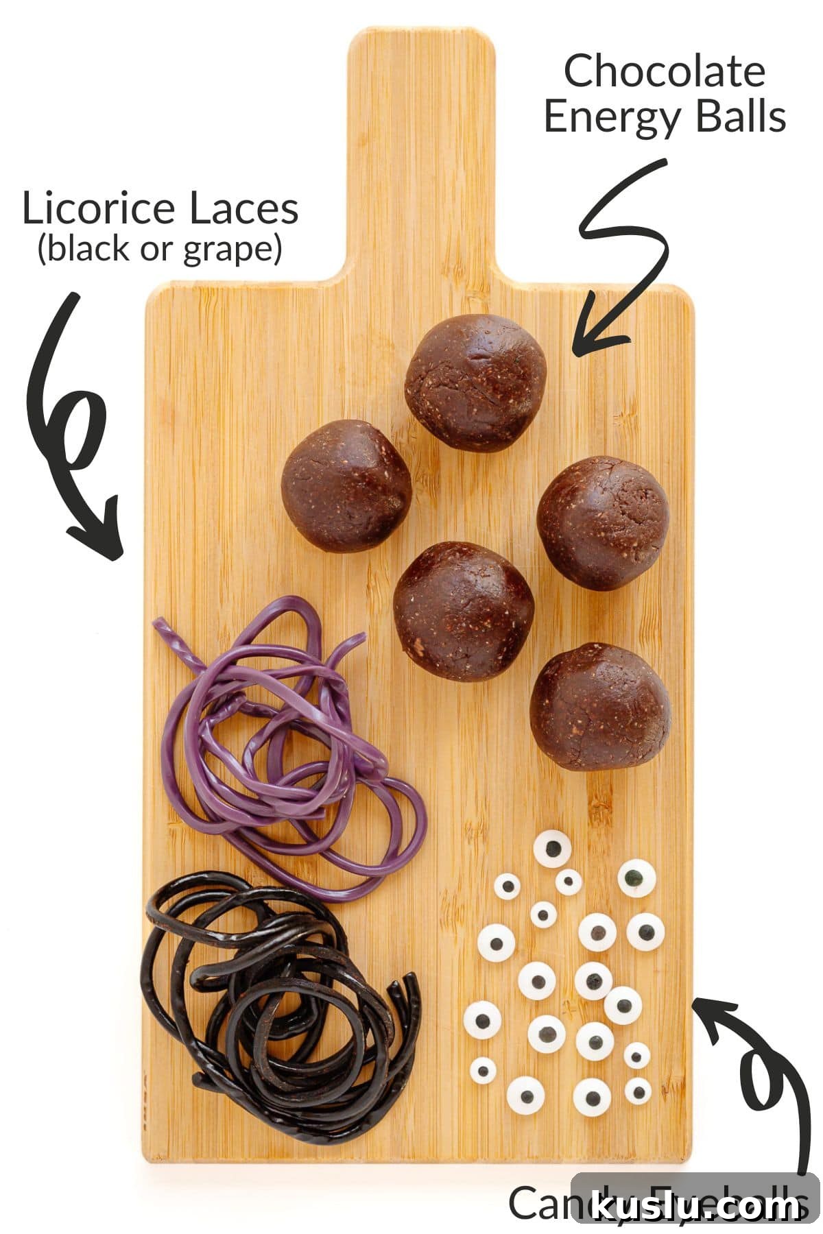 Labelled photo of ingredients needed to make spider energy balls.