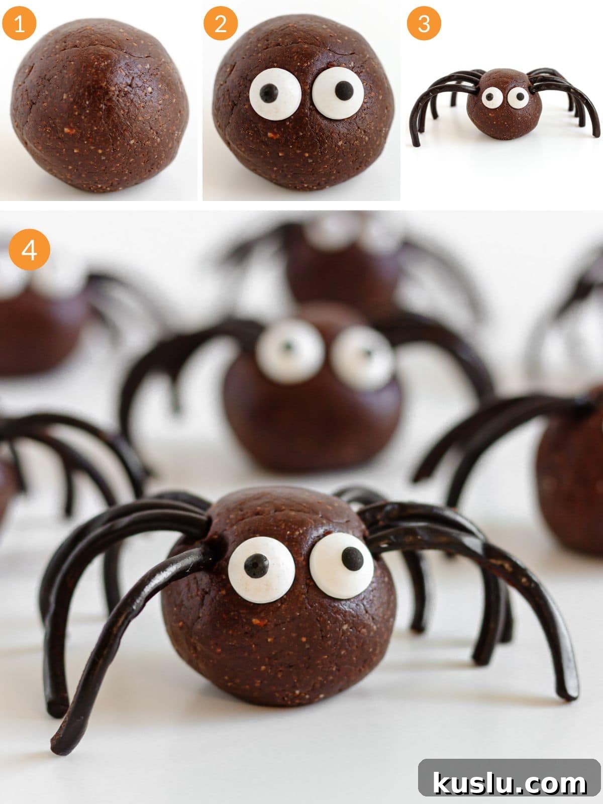 Numbered photo collage showing how to make spider energy balls.