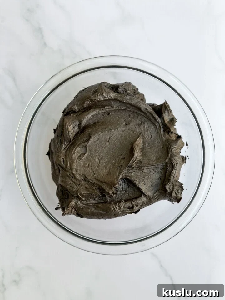 black cocoa buttercream in a bowl.