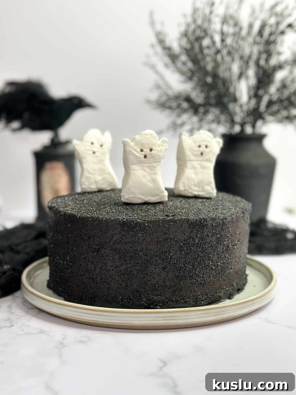 the whole black chocolate cake after frosting and decorating with ghosts and sprinkles.
