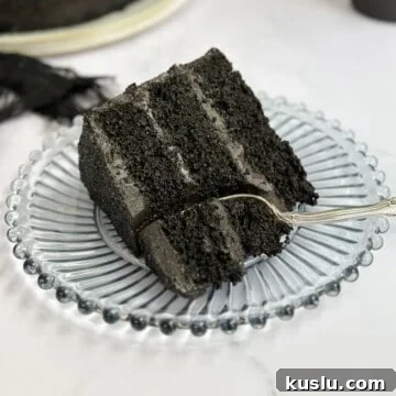 a single slice of black chocolate cake on a plate with a fork cutting though it.