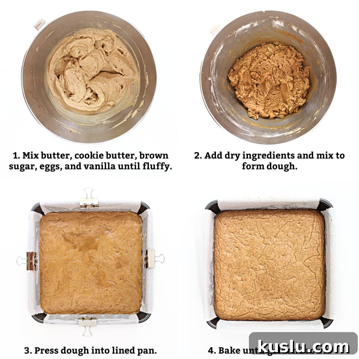 Biscoff Blondie Bars: Chewy Lotus Biscoff Cookie Dessert 4 Blondie instructions: mix ingredients to form thick dough, spread in lined pan, bake until golden brown.