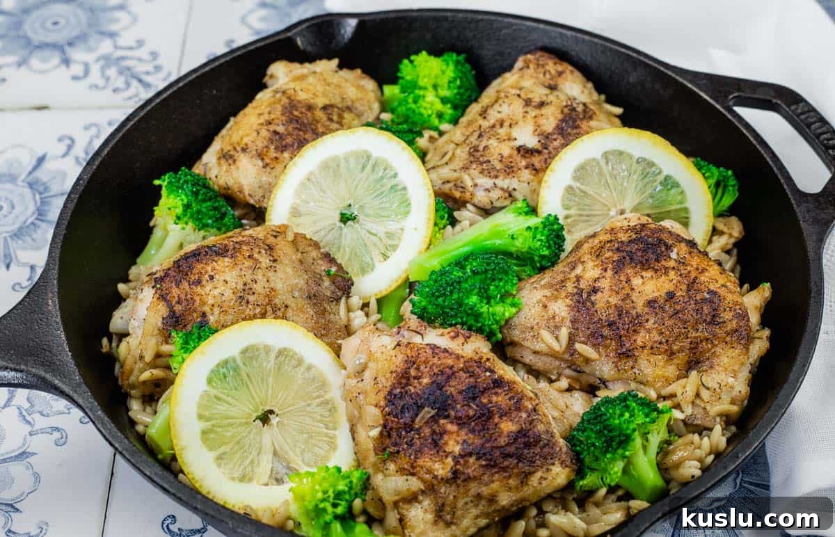 17 Tangy Lemon Recipes Made for Flavor, Not Fancy Presentation 18 Golden-browned lemon chicken thighs served over orzo pasta with tender broccoli florets, garnished with fresh lemon slices in a cast-iron skillet.