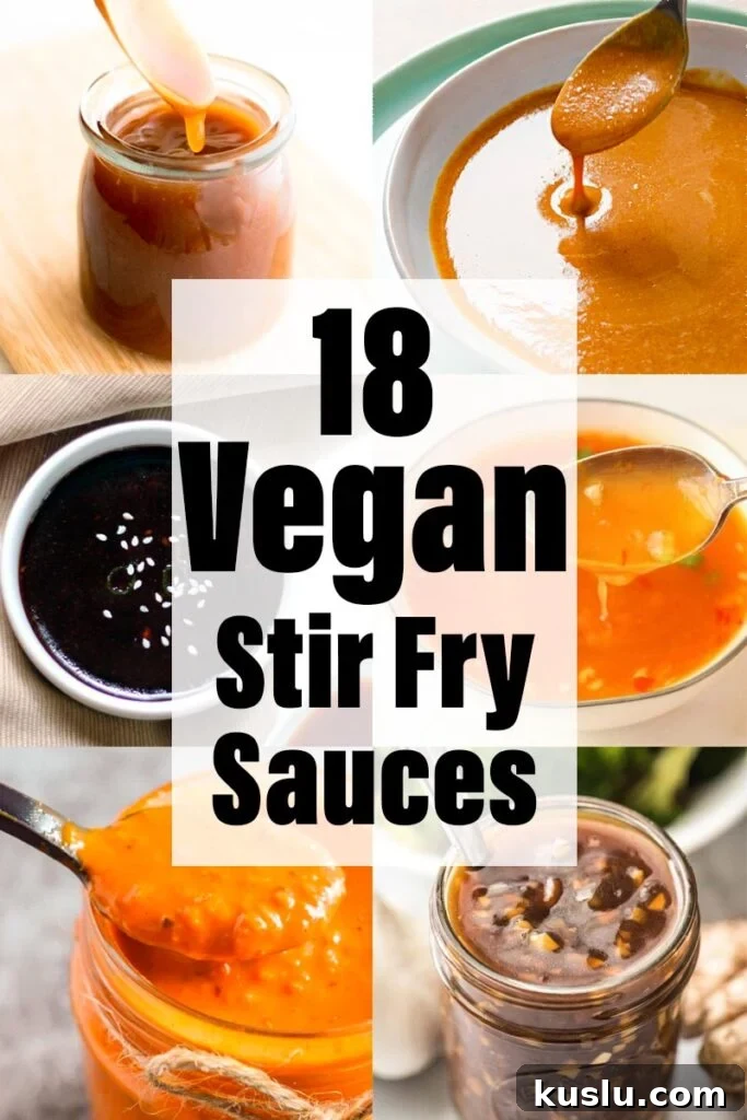 18 Vegan Stir-Fry Sauces to Elevate Your Plant-Based Meals 2 A collage of six different sauces with text overlay stating "18 vegan stir fry sauces".