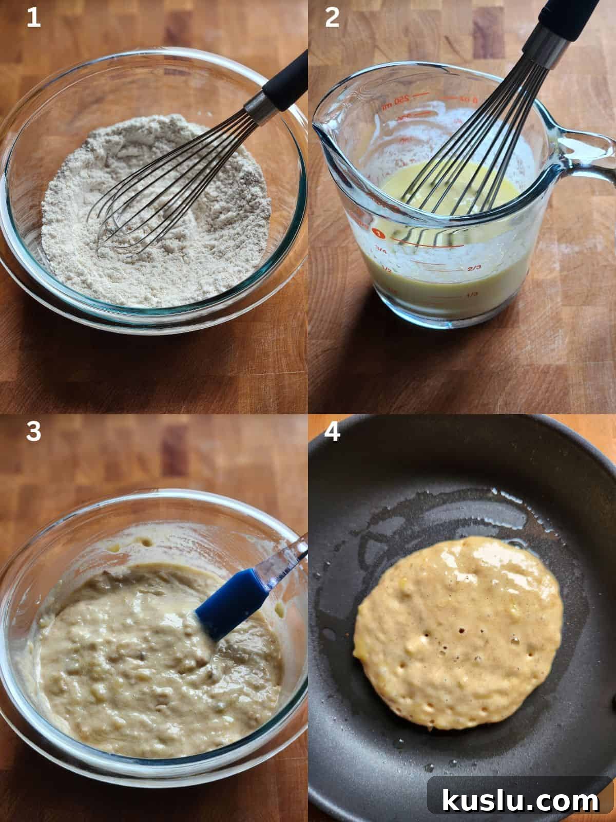 A collage of four directions showing how to make banana pancakes.
