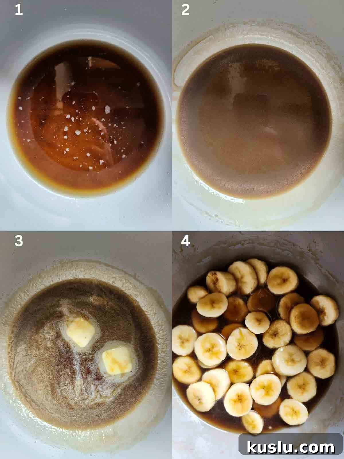 A collage of four images with instructions for making banana compote.