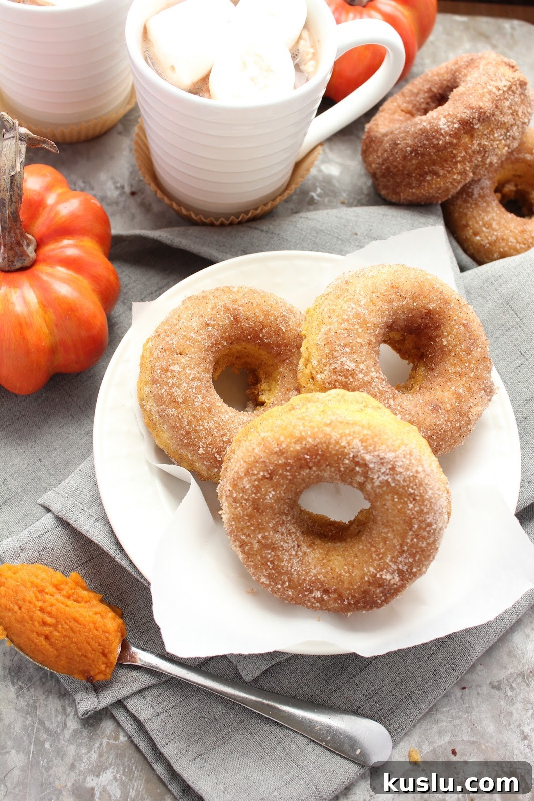 Baked Pumpkin Cinnamon-Sugar Donuts Recipe for Fall Baking 4 Donuts cooling on a rack