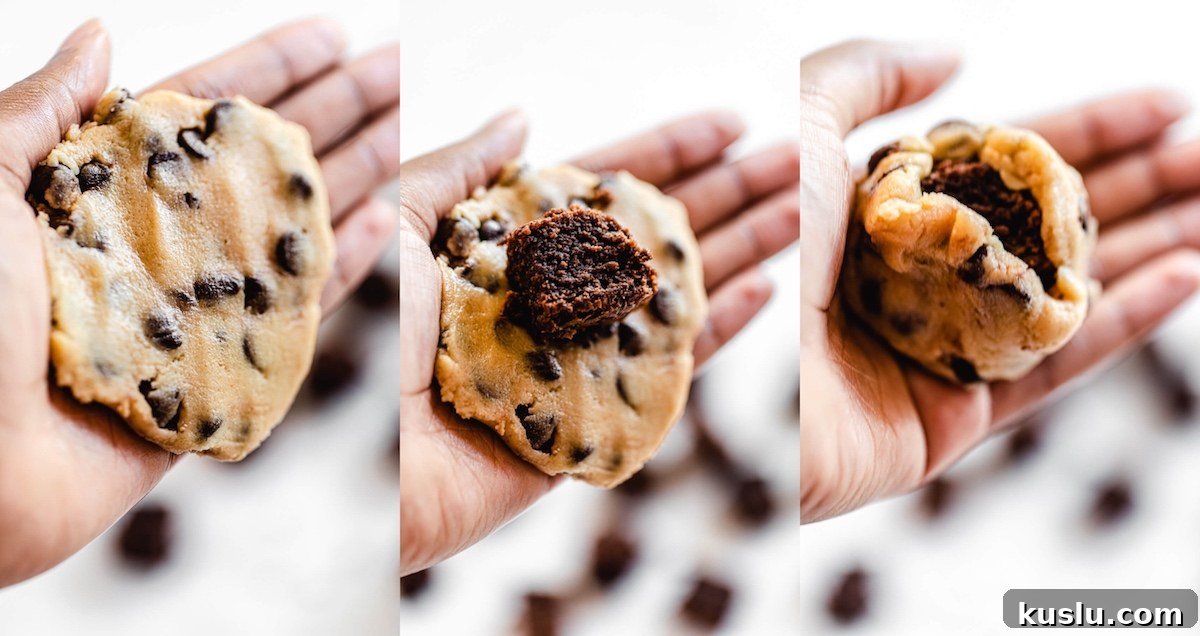 three photos demonstrating how to flatten cookie dough, place a brownie chunk inside and wrap the dough around it