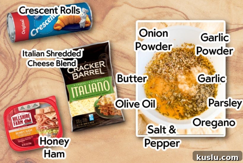 Ingredients to make ham and cheese crescent ring roll recipe with text labels.