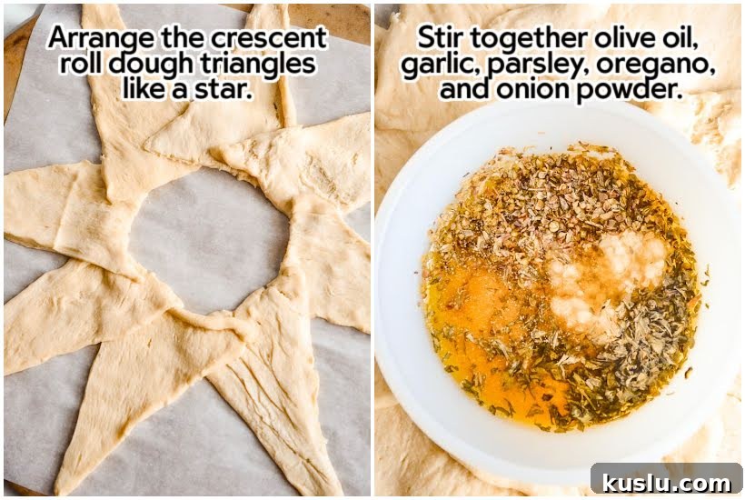 Two images of crescent roll dough made into a star shape and seasonings in a bowl with text overlay.
