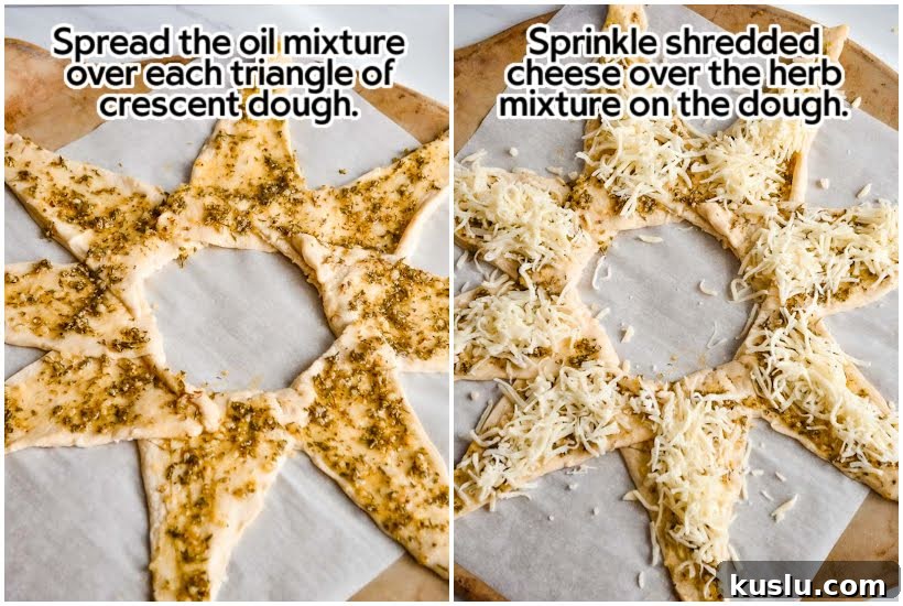 Two images of herbed oil spread on crescent dough wreath and cheese spread on top with text overlay.