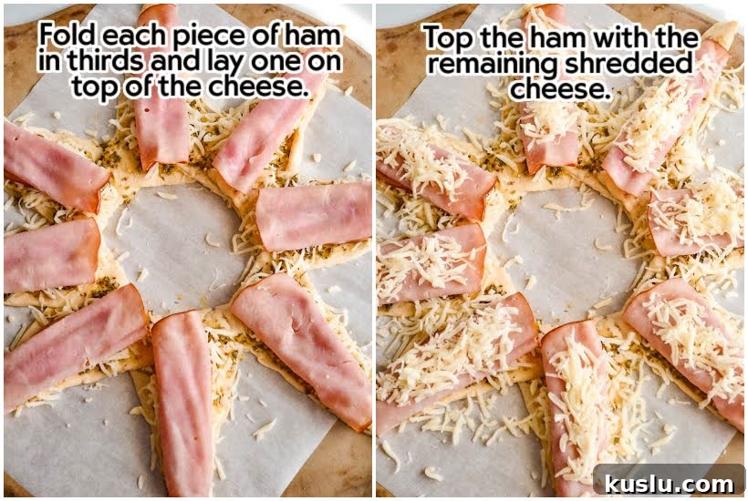 Two images of crescent ring ham and cheese, one with ham added and one with cheese added to the ham with text overlay.