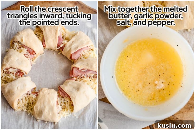 Pillsbury crescent ham and cheese ring before being baked and melted butter with seasonings in a white  bowl with text overlay.