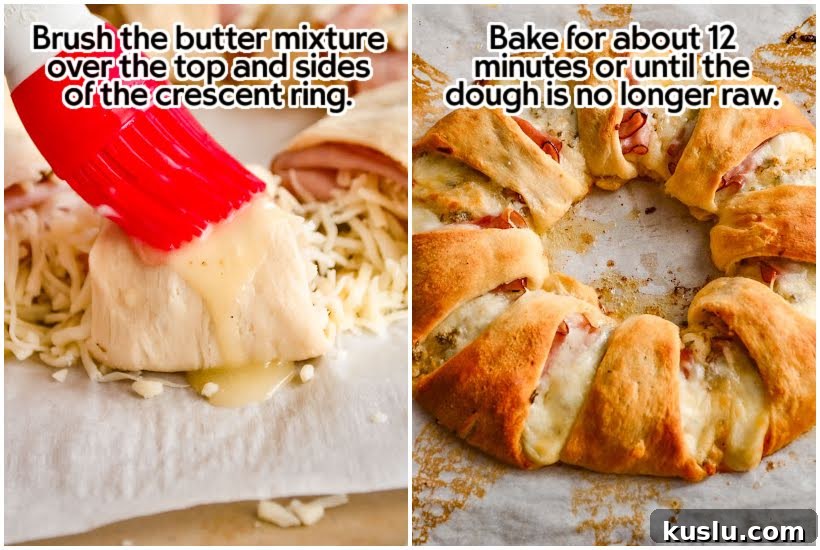 Two images of butter mixture being brushed on top of crescent roll wreath and Ham and Cheese Crescent Ring after being baked with text overlay.