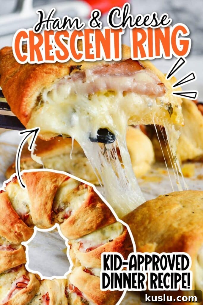 Two images of a Ham and Cheese Crescent Ring and a slice being pulled from the wreath with text overlay.