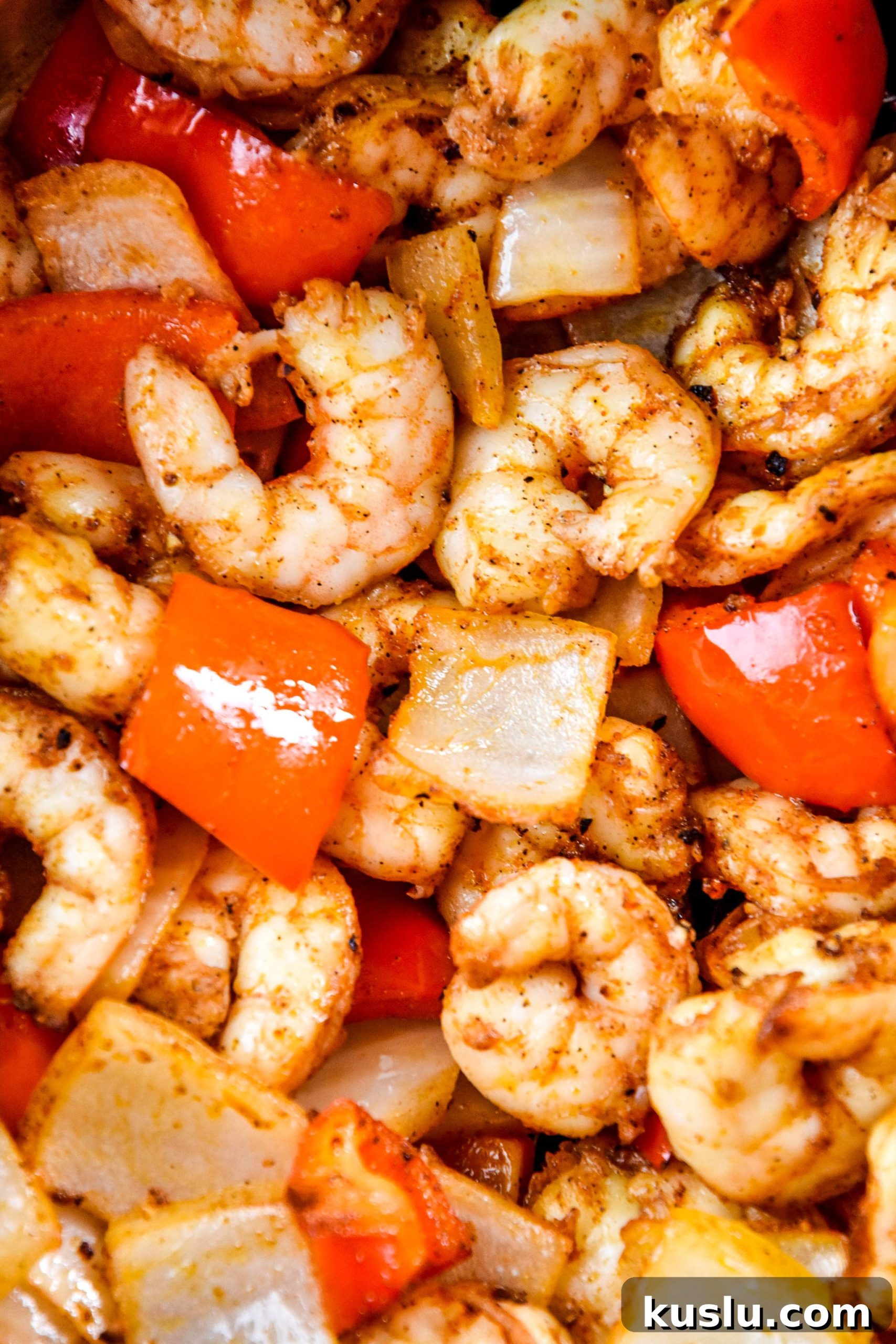Crispy Air Fryer Shrimp with Roasted Vegetables 7 close up of the shrimp, bell peppers and onions