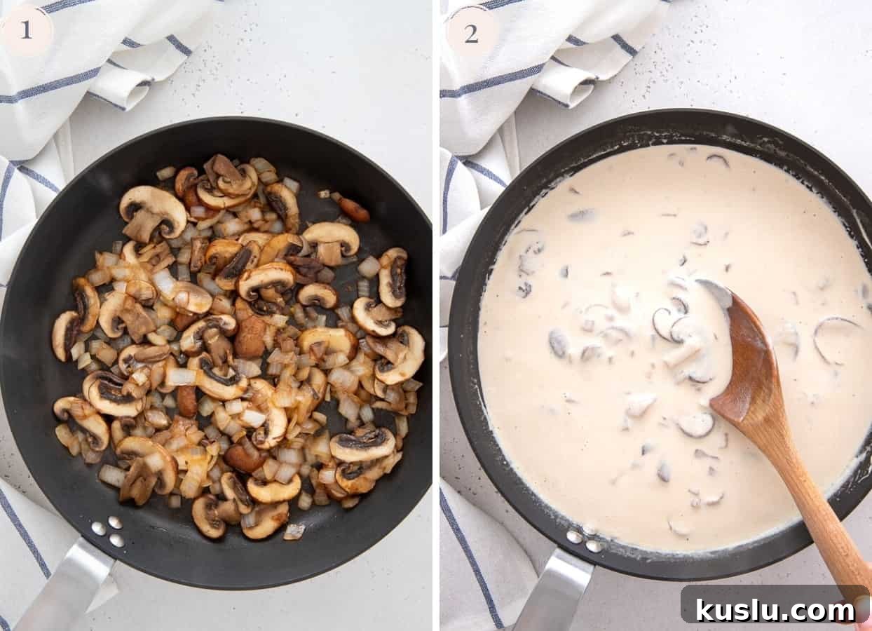 a picture collage demonstrating how to make sauce for creamy chicken a la king