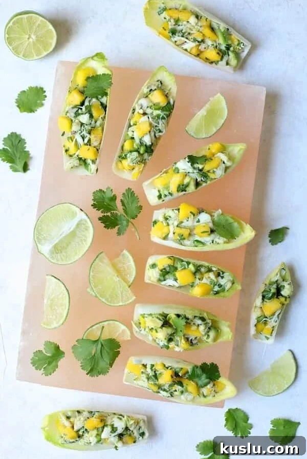 Crab Mango and Avocado Salad with Chile Lime Dressing in Endive - Overhead hero shot on pink salt block