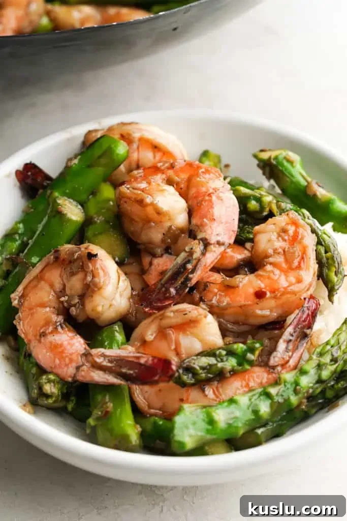shrimp and asparagus stir fry closeup