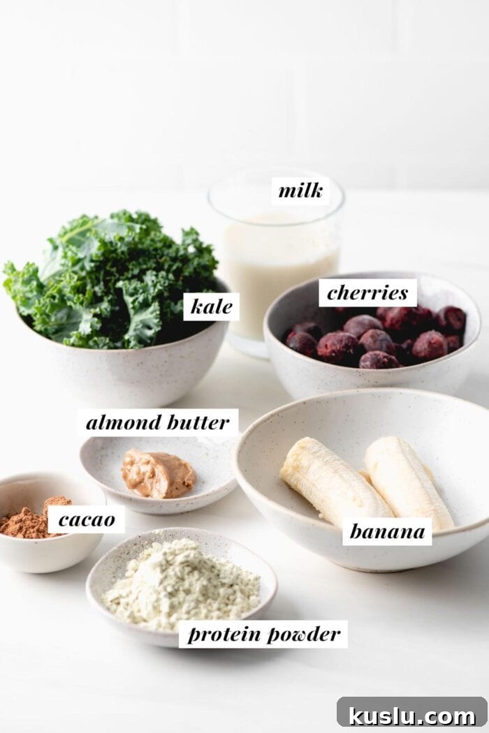 Visual list of ingredients for making a chocolate cherry smoothie. Each ingredient is labelled with text.