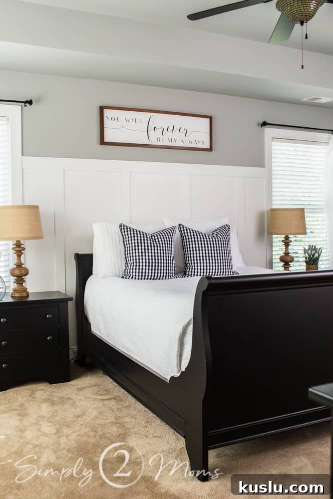 How to Paint Furniture: Step-by-Step Tutorial 2 view of bedroom after furniture is painted bed with nightstands on either side