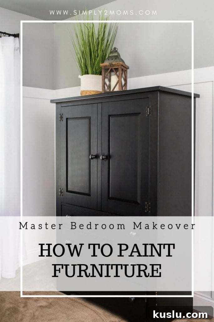 How to Paint Furniture: Step-by-Step Tutorial 16 pinterest graphic showing painted armoire
