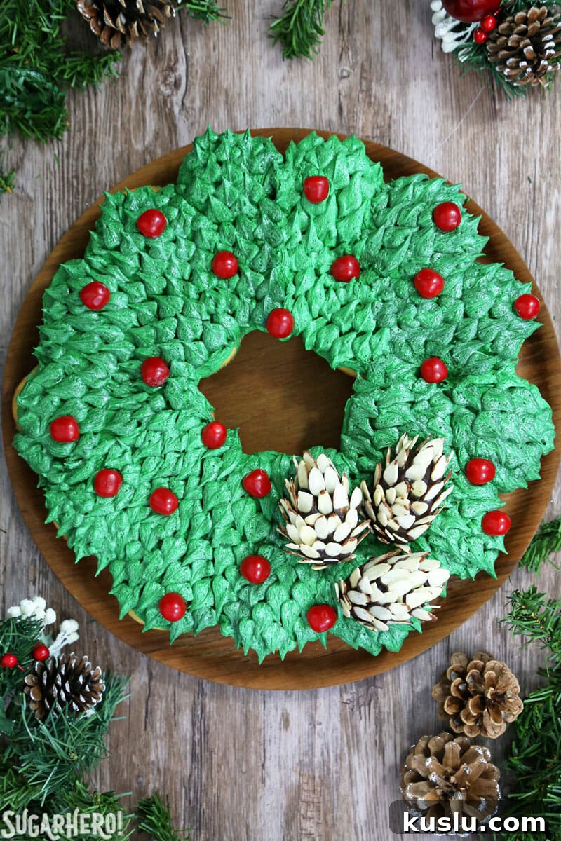 Pull-Apart Cupcake Wreath Cake - shot of full cupcake wreath from above | From SugarHero.com