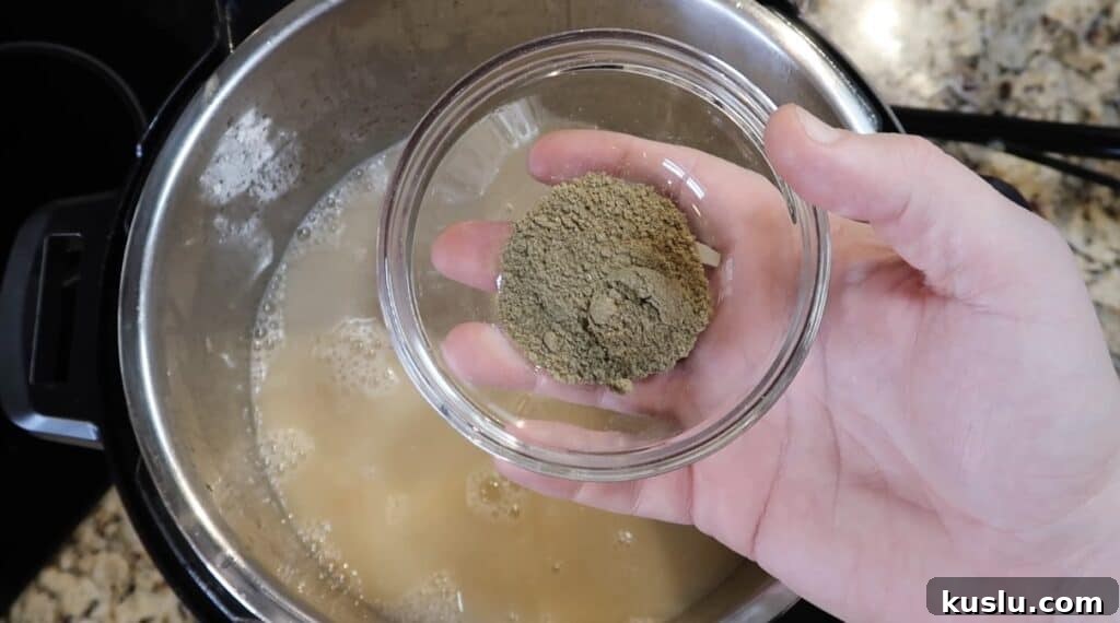 Adding dried sage to pot