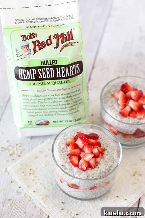 Dairy Free Strawberry Vanilla Protein Powder. Layers of vanilla chia pudding with Bob’s Red Mill hemp hearts, as well as fresh strawberries.