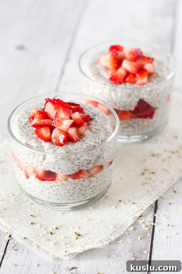 Dairy Free Strawberry Vanilla Protein Powder. Layers of vanilla chia pudding with hemp hearts, as well as fresh strawberries.