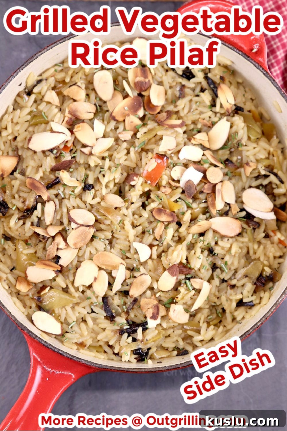 Pan of rice pilaf with toasted almonds - text overlay