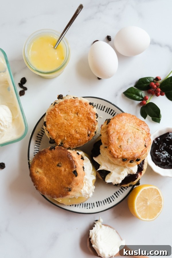 British Currant Scones with cream and jam on plate