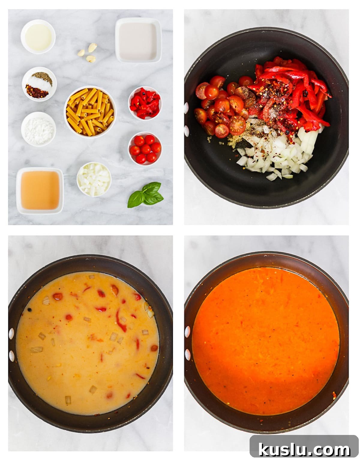 4 pictures 1 including ingredients for pasta sauce, one with vegetables in a pan, one with broth added to the pan, and one with the sauce blended together