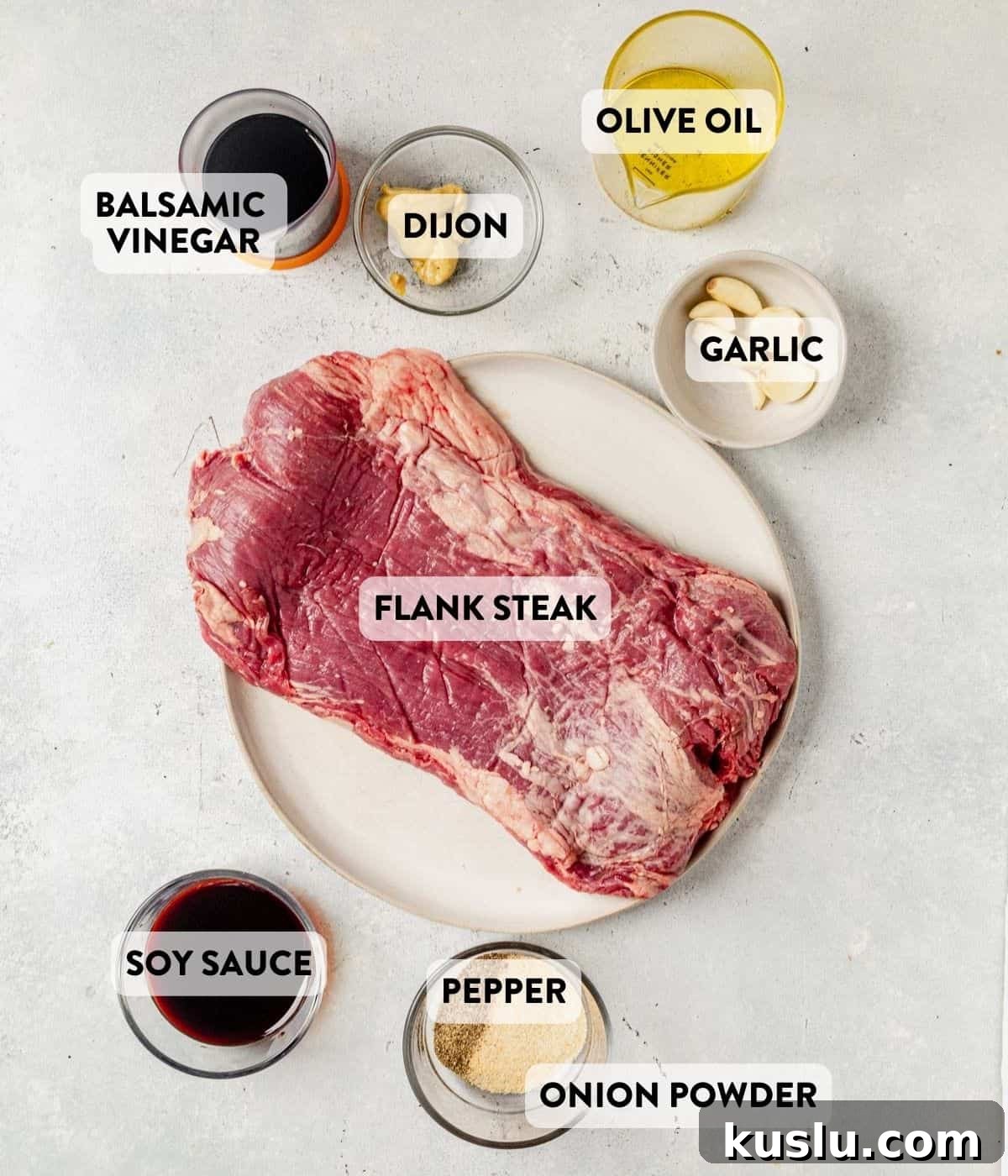 balsamic flank steak ingredients on a counter