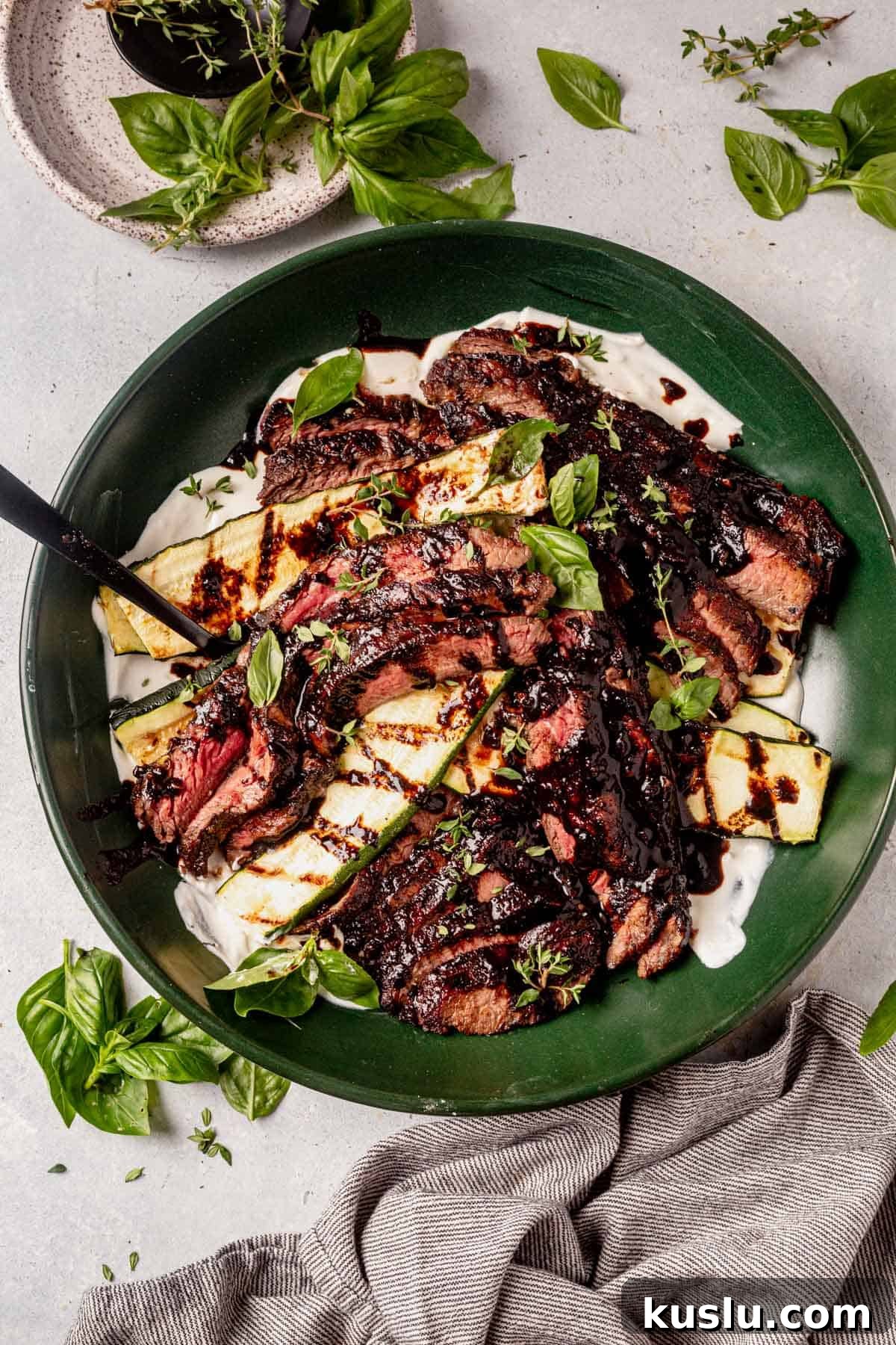 balsamic flank steak with feta and zucchini