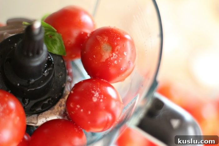 up close photo of tomatoes in a food processor with salt and basil